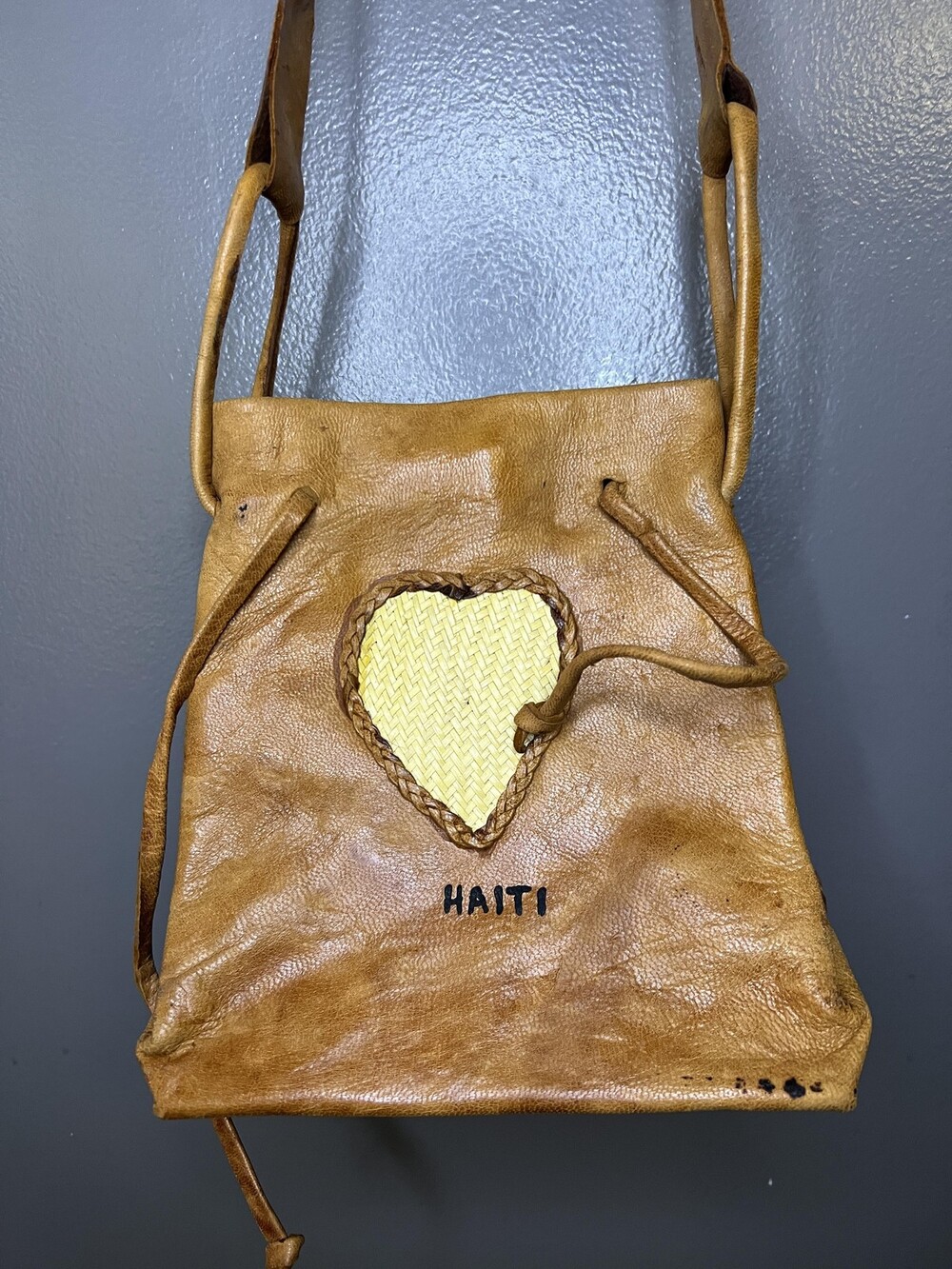 Haiti Crossbody Bag Womens Small Brown Leather Straw Heart Cutout Handmade